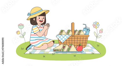 Illustration of a girl enjoying a picnic with sandwiches juice and an apple in a park