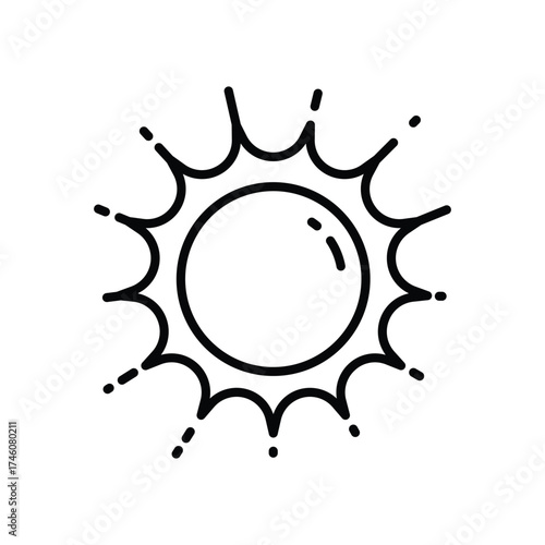 A blackandwhite sun icon A central circle with a curved line on its edge Extending from its perimeter are spiky rays