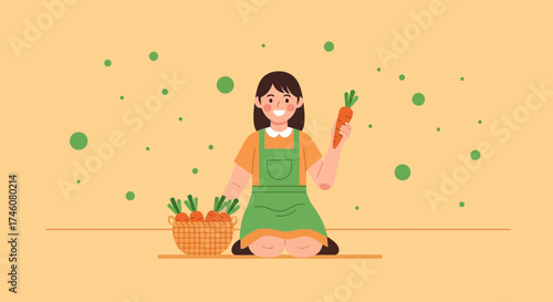 Illustration of a girl with carrots harvest, healthy food and a lot of vegetables