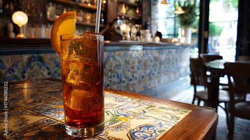 Refreshing Iced Tea with Orange Garnish on Sunlit Tiled Table