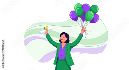 Illustration of a graduate celebrating with balloons and a diploma document successfully