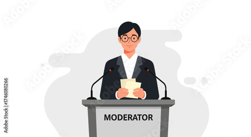 Illustration of a Moderator Holding Papers Behind a Podium, in a Conference