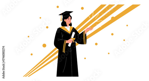 Illustration of a graduate in academic attire celebrating commencement ceremony graduation
