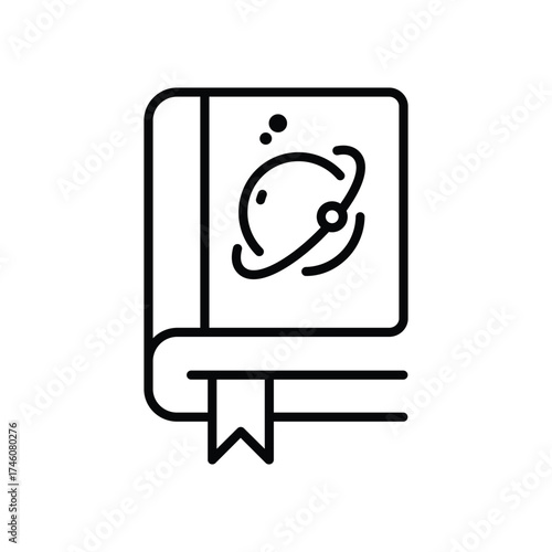 A blackoutlined book icon The book is vertical with a bookmark and an orbital illustration on its cover