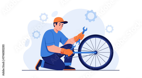 Illustration of a mechanic repairing a bicycle wheel with tools in a workshop