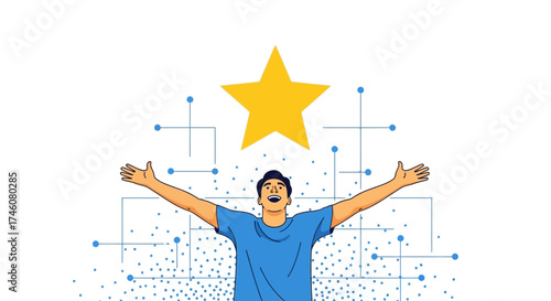 Illustration of a man celebrating success with a star element and network design