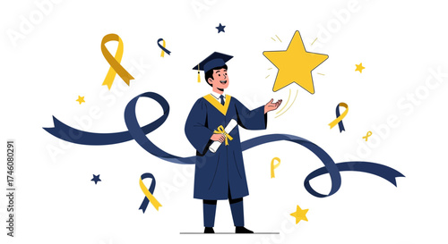 Illustration of a graduate with a diploma and ribbons celebrating a new beginning