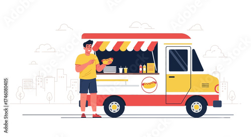Illustration of a man eating a hot dog from a food truck with a cityscape background