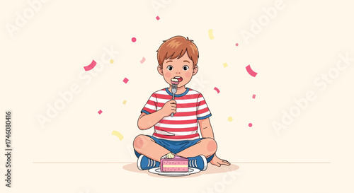 Illustration of a happy child eating cake on their birthday celebration event