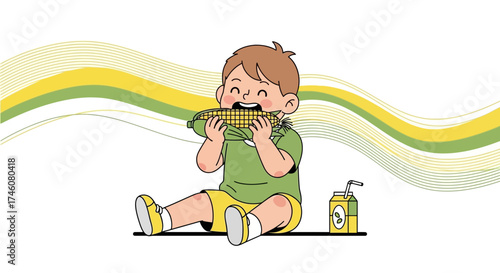 Illustration of a happy child eating corn on the cob and drinking juice