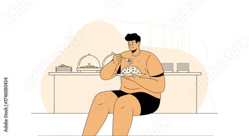 Illustration of a man eating rice from the plate at the buffet at the restaurant