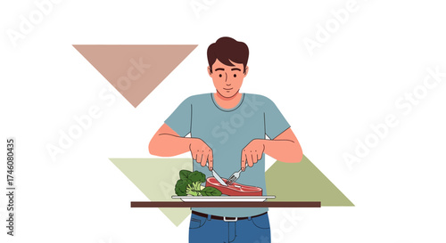 Illustration of a man enjoying a meal in a minimalistic style and healthy eating