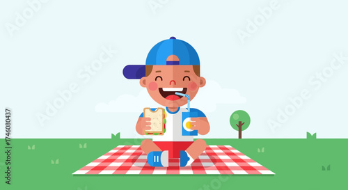 Illustration of a happy child enjoying a picnic lunch outdoors on a sunny day
