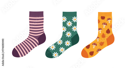 A collection of three cozy and colorful socks featuring unique patterns for everyday wear.