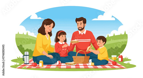Illustration of a happy family enjoying a picnic together outdoors in the park