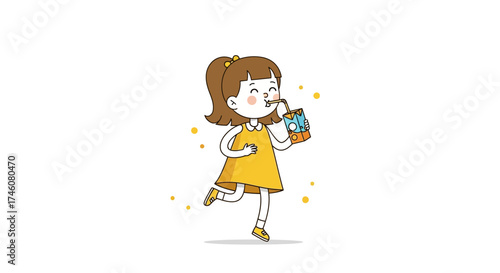 Illustration of a happy girl drinking juice from a carton on white background