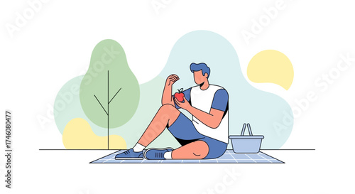 Illustration of a man enjoying an apple during a picnic in a park setting
