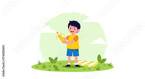 Illustration of a joyful boy in a park peeling a banana, enjoying healthy food