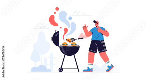 Illustration of a man grilling burgers on a barbecue outside during the summer
