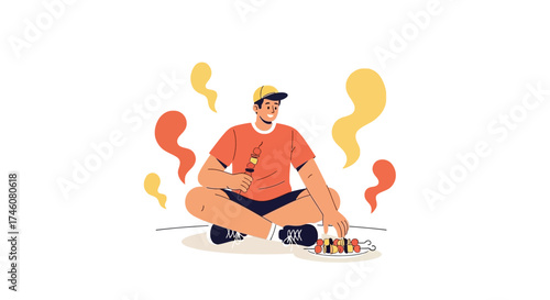 Illustration of a man grilling and eating skewers outdoors while enjoying his meal