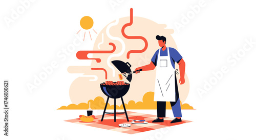 Illustration of a man grilling food on a barbecue for a summertime cookout