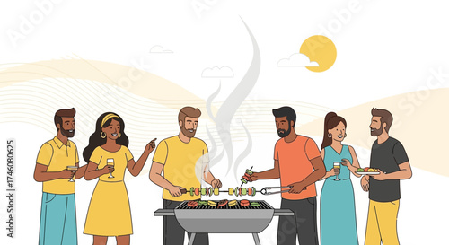 Illustration of a joyful group of friends cooking and celebrating together outdoors