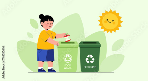 Illustration of a kid disposing of food waste for recycling in a green environment