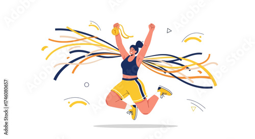 Illustration of a jubilant female athlete celebrating a victory with gold medal vector