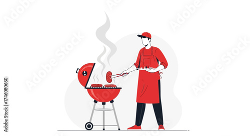 Illustration of a man grilling sausages on a bbq, outdoor cooking concept
