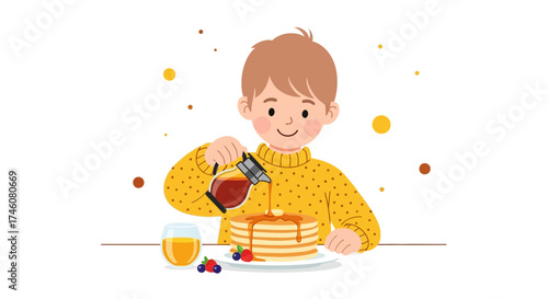 Illustration of a Kid Pouring Syrup on Pancakes with Berries and Juice for Breakfast