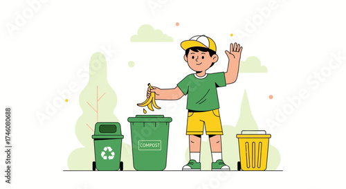 Illustration of a kid throwing banana peels into a compost bin for recycling garbage