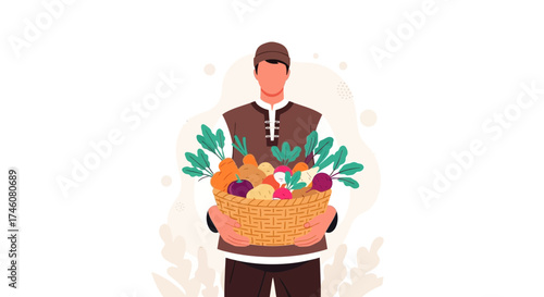 Illustration of a man holding a basket of fresh vegetables, depicting healthy eating