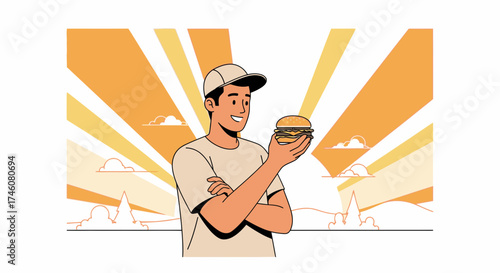 Illustration of a man holding a burger, food delivery, fast food concept