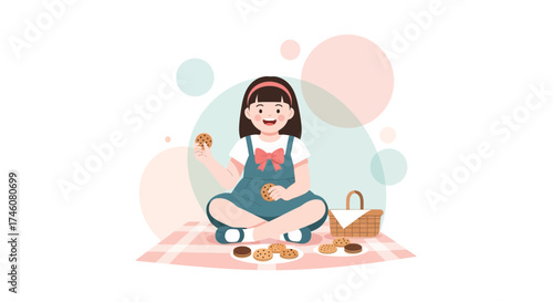 Illustration of a little girl enjoying cookies during a picnic on a sunny day