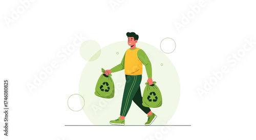 Illustration of a Man Carrying Recyle Bags Promoting Environmental Protection