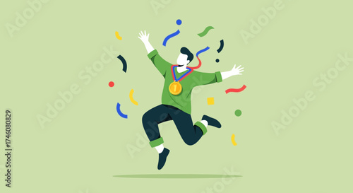 Illustration of a man celebrating a success after winning a medal in a competition