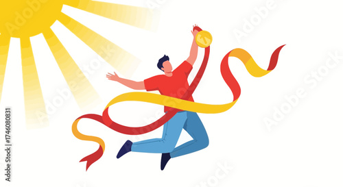 Illustration of a man celebrating his victory with a medal and ribbon in bright sunlight