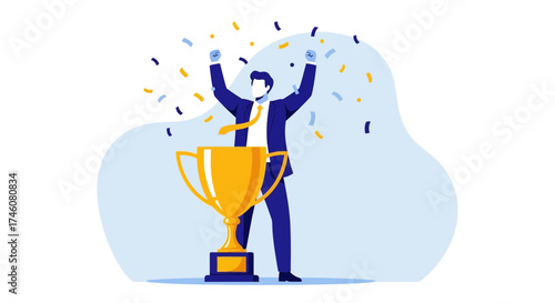 Illustration of a Man Celebrating Success by a Trophy Representing Achievement