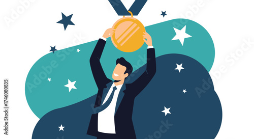 Illustration of a Man Celebrating Success with a Medal and Starry Background