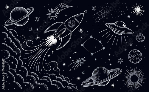 Whimsical doodle art of a rocket ship journey through a starry cosmic galaxy vector
