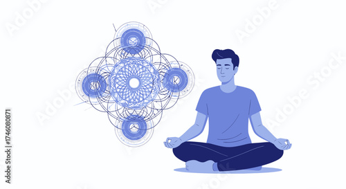 Illustration of a man meditating with a geometric art design in a minimal style
