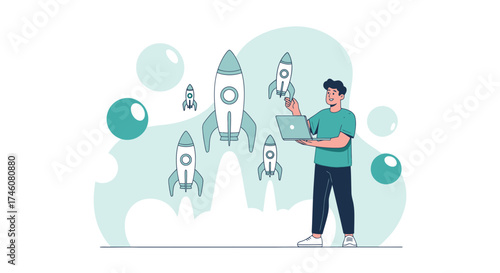 Illustration of a man launching rockets, representing business startup success