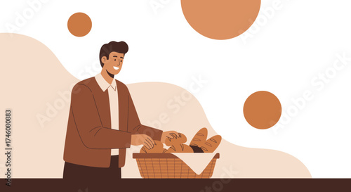 Illustration of a man offering bread from a basket in a bakery or shop setting