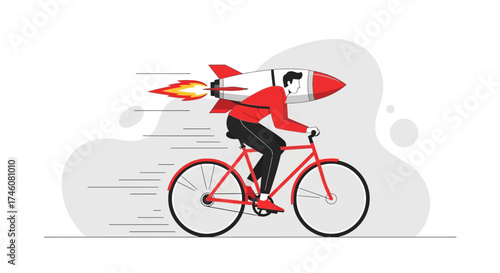 Illustration of a man riding a bike with a rocket attached for fast transportation