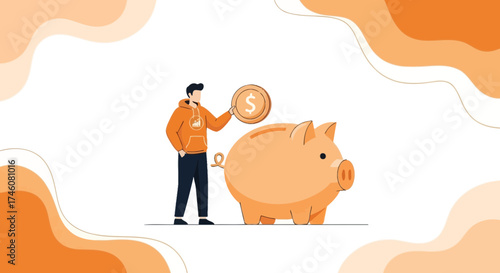 Illustration of a man saving money into a piggy bank representing savings and finance