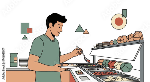 Illustration of a man selecting food items at a buffet restaurant or cafeteria.
