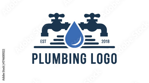 Modern plumbing logo design featuring faucets and water droplet symbol