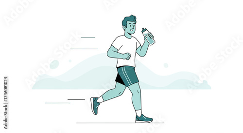 Illustration of a man running while holding a water bottle for exercise and hydration