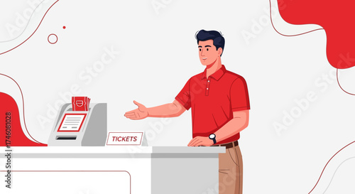 Illustration of a man selling tickets at a counter in a modern style without commas