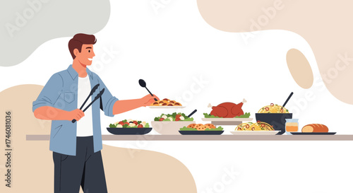 Illustration of a man serving food with various dishes displayed for dinner or lunch